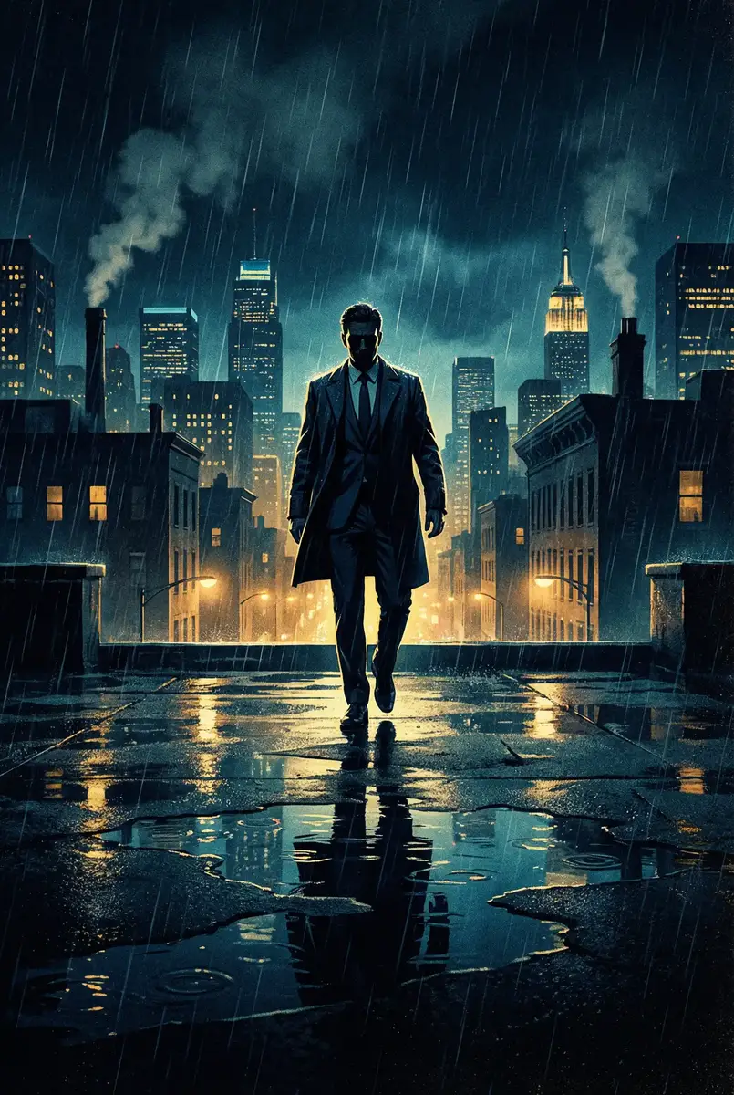 小东西叫出来我想听 出品影片《雨夜独行者》海报，雨中城市屋顶男性剪影